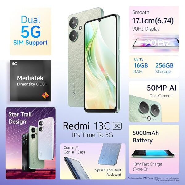 Redmi 13C 5G (Startrail Green, 4GB RAM, 128GB Storage) | MediaTek Dimensity 6100+ 5G | 90Hz Display - Image 2